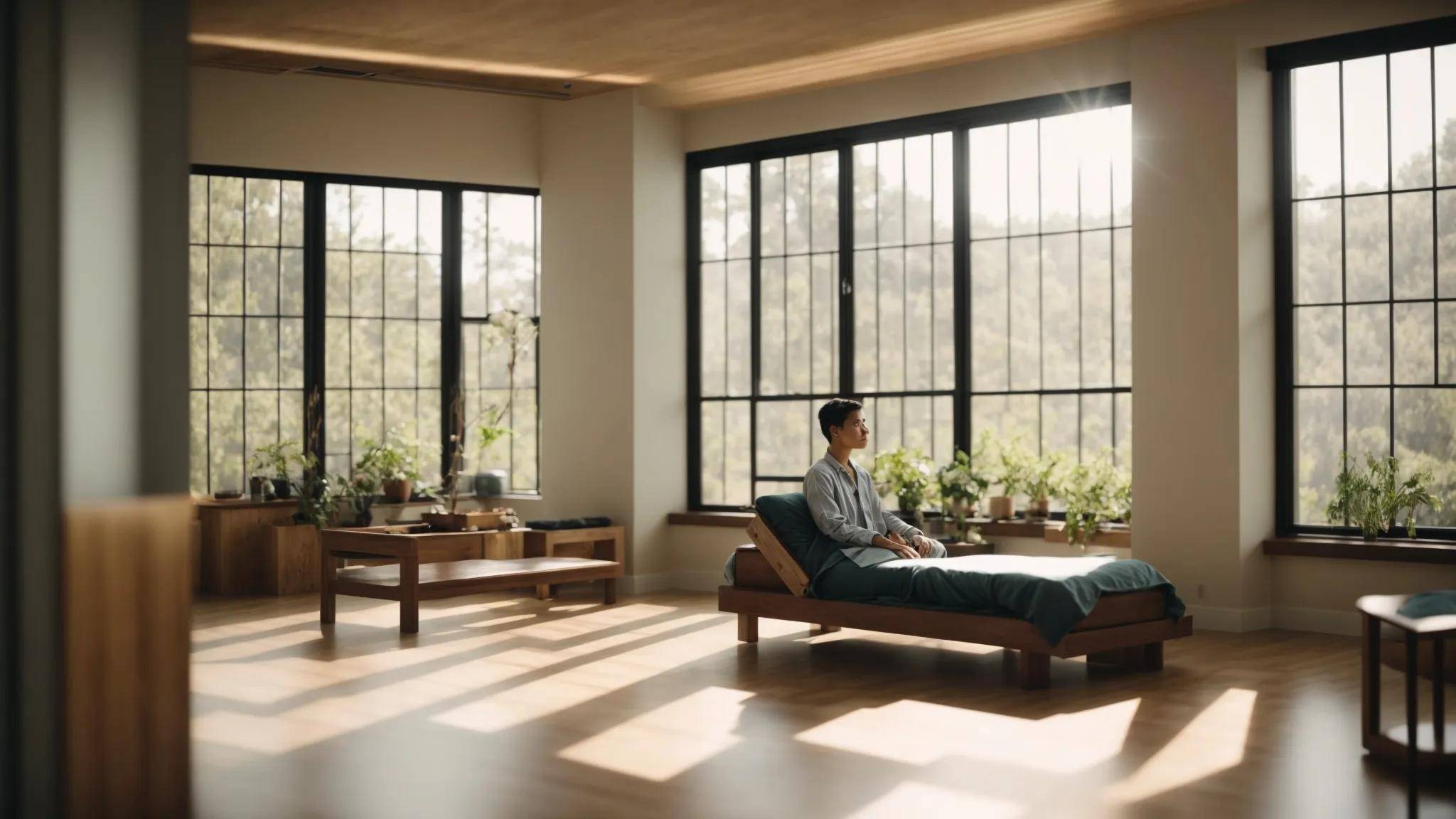 a contemplative patient in a serene therapy room, surrounded by soft natural light filtering through large windows, engaged in a physical therapy session that underscores the balance between discomfort and healing.