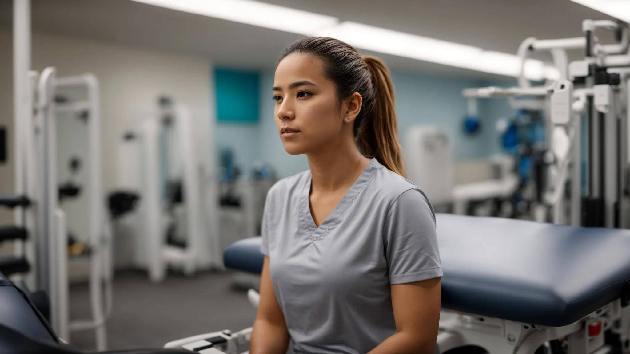 a determined individual engages in physical therapy, showcasing a vivid expression of resilience amidst a bright, airy rehabilitation space filled with professional equipment.