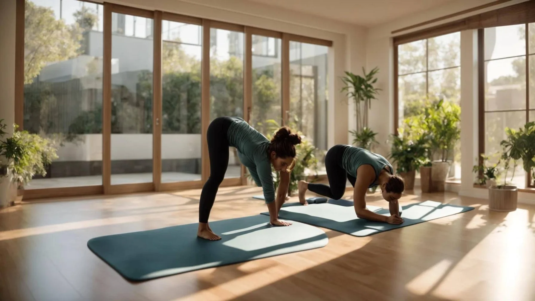 download-2025-11-07T175300.430 a serene home environment features a person engaging in gentle physical therapy exercises on a soft yoga mat, bathed in warm, natural light filtering through large windows.